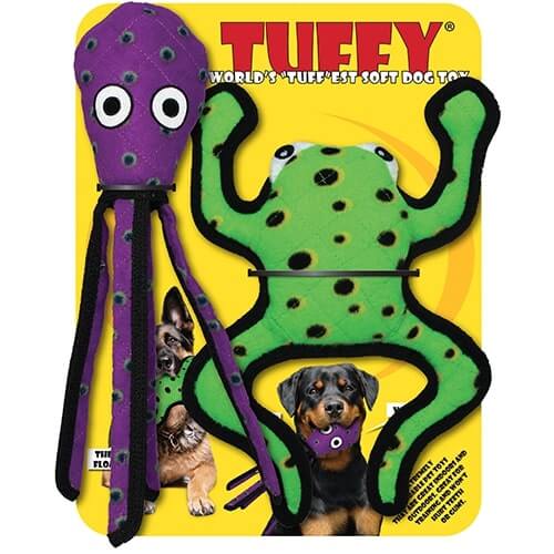 Tuffy dog toy set featuring a purple octopus and a green frog, labeled as "The world's 'tuff'est soft dog toy.