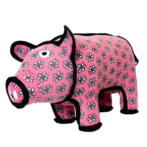 Side view of a plush pig dog toy from Tuffy, featuring a pink body with a floral pattern and black outlines.