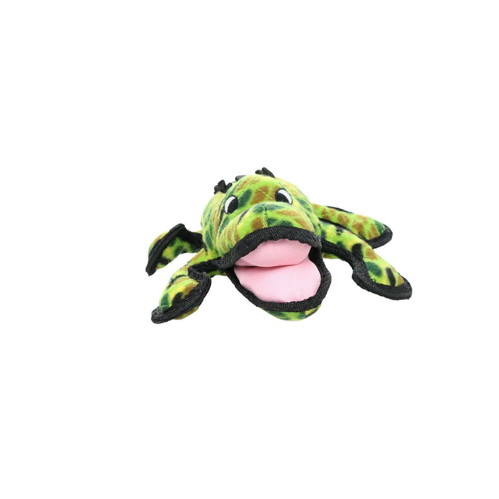 Front view of the green alligator Tuffy dog toy with a pink open mouth, showcasing its playful and durable design.