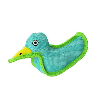 A blue and green duck-shaped dog toy with a yellow beak and green trim, designed for durability and play.