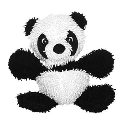 A black and white plush panda-shaped dog toy with soft, shaggy microfiber texture and a cute, friendly expression.