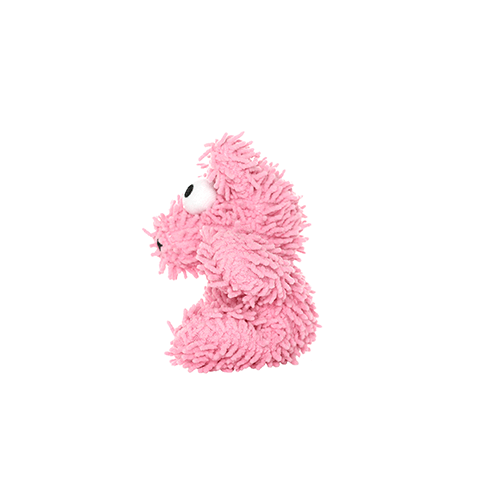 Side view of a small pink plush dog toy with a shaggy texture and large googly eyes, displaying its full profile