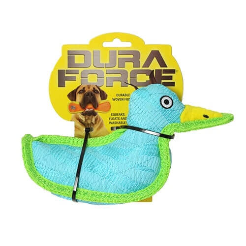 A blue and green duck dog toy from DuraForce, featuring durable woven fibers, squeaks, floats, and is washable.