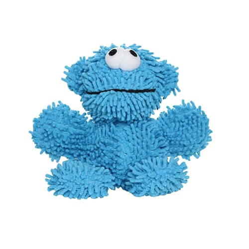 A front view of the blue monster-shaped dog toy, showcasing its soft and fuzzy microfiber material with large googly eyes.