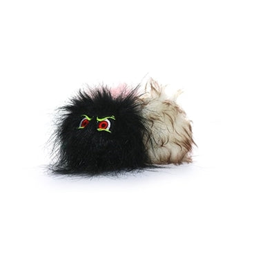 A black and beige iBall dog toy with fur and red, menacing eyes.