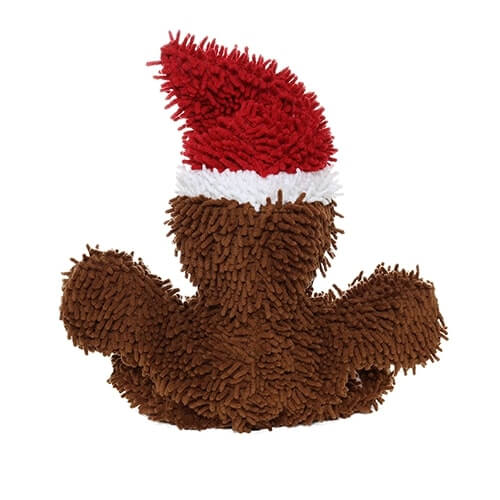 Rear view of a gingerbread man plush dog toy, showing the brown microfiber body and Santa hat.