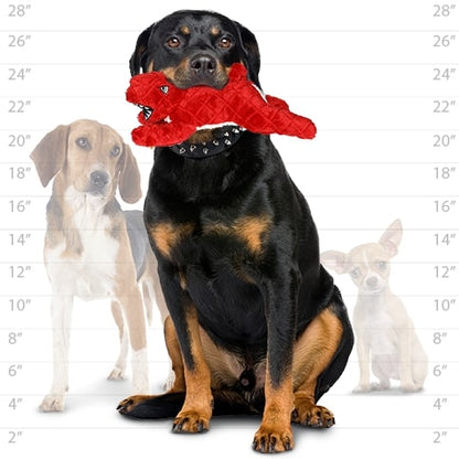 A large dog holding a red rabbit-shaped plush toy in its mouth, sitting in front of a height chart. Two smaller dogs are in the background for size comparison.