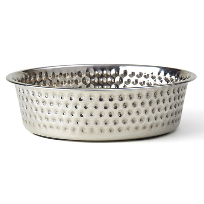 Hammered stainless steel dog bowl with a reflective interior and smooth rim, offering a stylish and durable feeding option for pets.