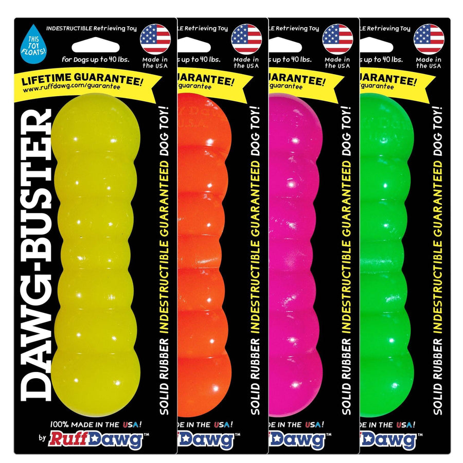 Four packages of Dawg-Buster dog toys in different colors with branding and product details.