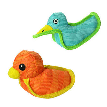 Two colorful dog toys shaped like ducks, one orange with a yellow beak and trim, and the other blue with a green beak and trim.