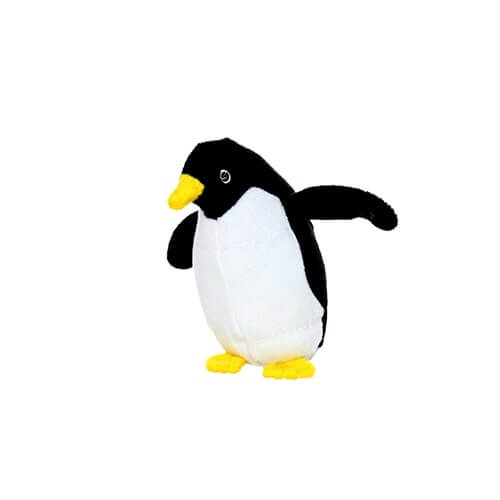 A smaller plush penguin-shaped dog toy with a black back, head, and wings, a white belly, and yellow beak and feet. The toy features embroidered eye details and is designed for durable, interactive play.