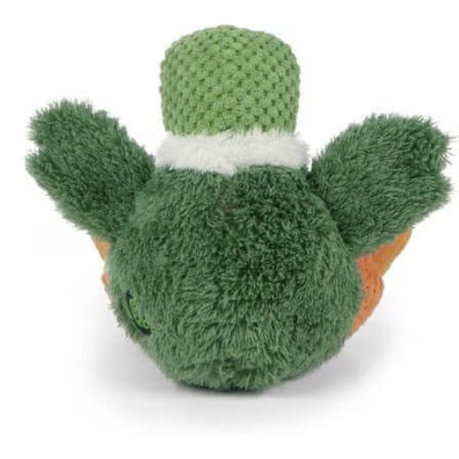 A green plush turtle toy with a knitted green hat, white band, and orange shell, photographed on a clean white background.
