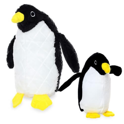 Two plush penguin-shaped dog toys, one larger and one smaller. Both have black backs, heads, and wings, white bellies, and yellow beaks and feet. The toys feature embroidered eye details and are designed for durable, interactive play.