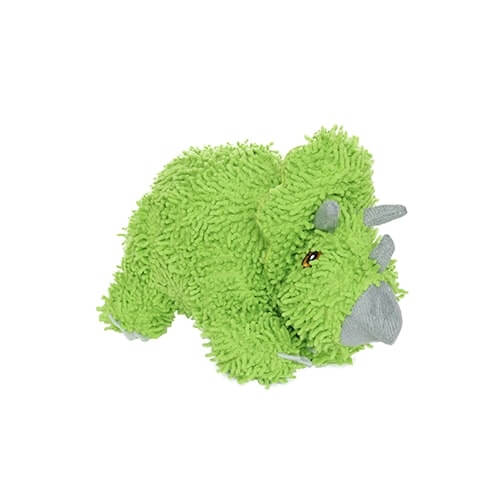 A green plush triceratops toy shown from the front angle, showcasing its grey horns and soft, fuzzy exterior.