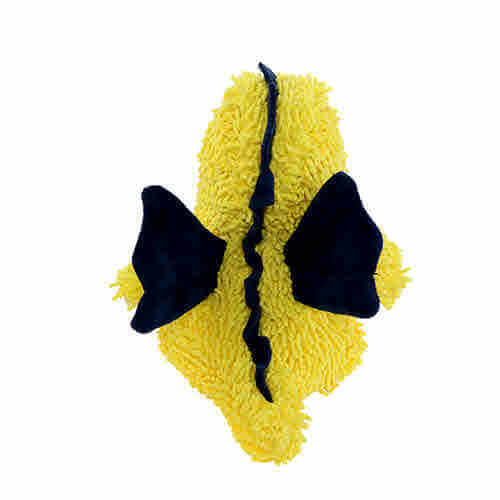 ChatGPT Top view of a yellow plush dragon-shaped dog toy with a textured body, black wings, and spine, designed for interactive play. Machine washable and floats.