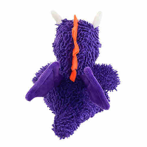 Back view of a purple plush dragon-shaped dog toy with a textured body, orange spine, and white horns, designed for interactive play.