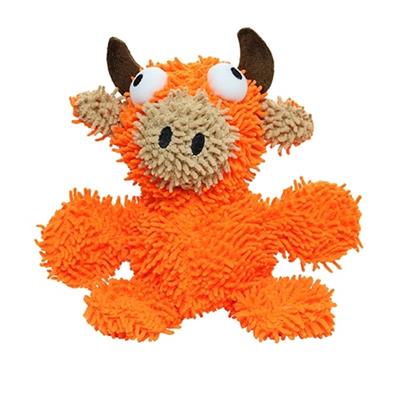 Small orange plush bull-shaped dog toy with a shaggy texture, brown horns, and large googly eyes