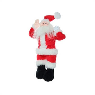 The image shows a front view of the same plush toy Santa Claus. The toy is dressed in a classic Santa outfit, featuring a red suit with white fur trim, a black belt, black boots, and a red hat with a white pom-pom. Santa has a long white beard and is holding a white sack over his shoulder. The toy appears to be soft and plush, suitable for cuddling or as a festive decoration.