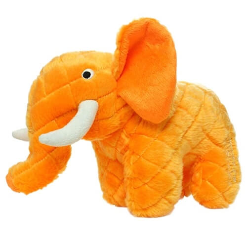 A large plush elephant-shaped dog toy with an orange body, white tusks, and embroidered eyes. Designed for durable play.