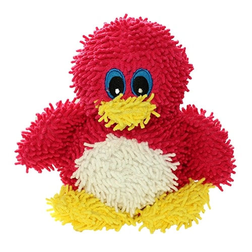 A colorful plush penguin-shaped dog toy with a red body, yellow beak and feet, and a white belly, made of soft microfiber material.