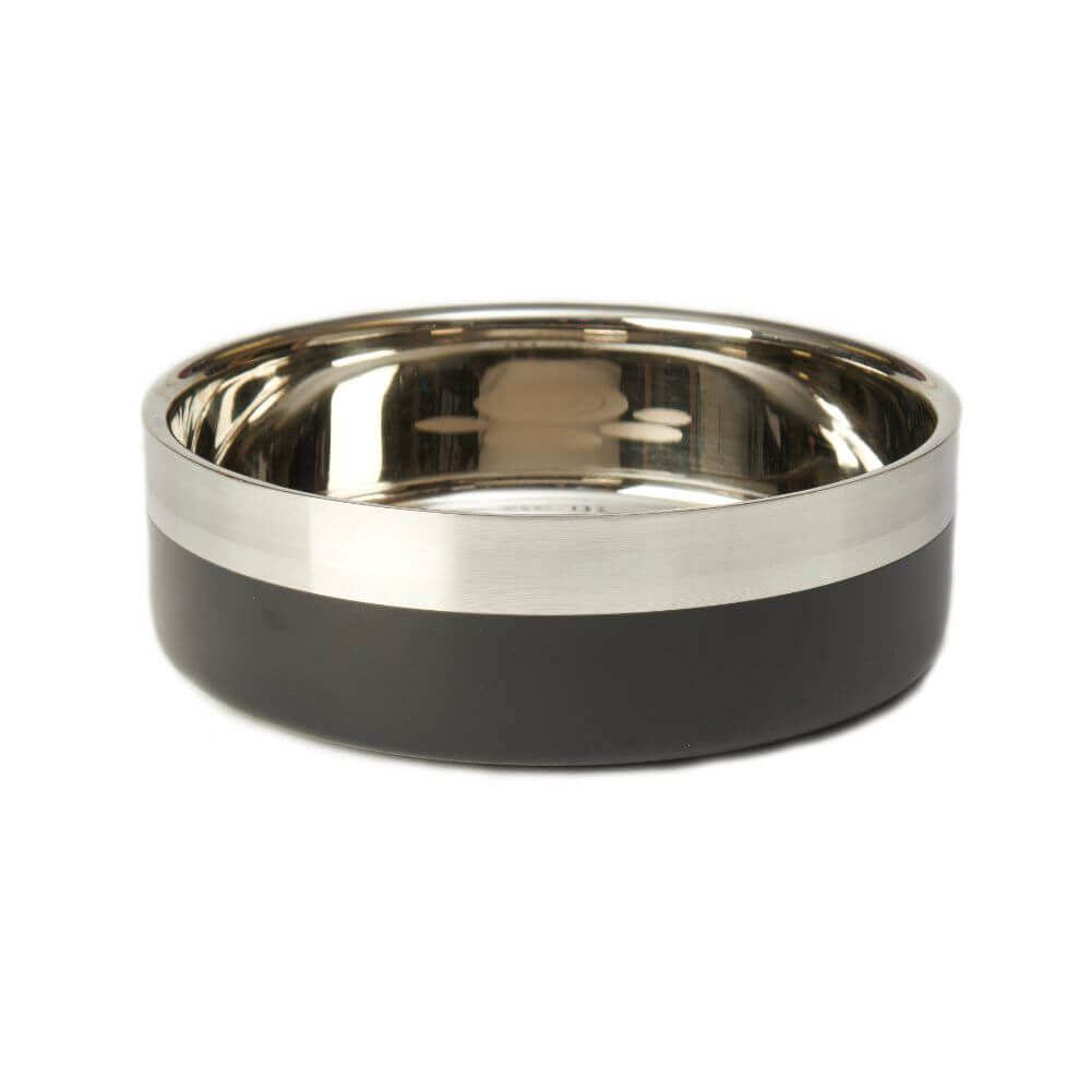 Stainless steel dog bowl with a black base, featuring a sleek, reflective finish and wide rim, designed for durability and easy cleaning.