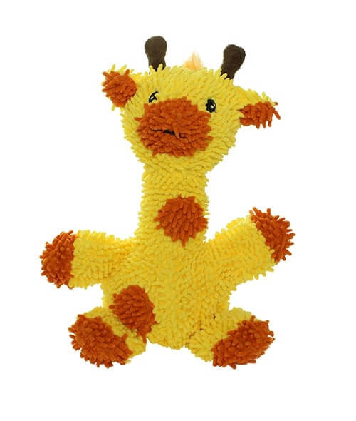 Mighty® Micro Ball Giraffe Dog Toy: Plush giraffe-shaped toy with a fuzzy yellow body, orange spots, brown ossicones, and black embroidered eyes. Soft and playful.