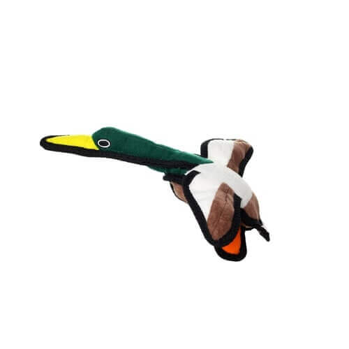 Durable, soft dog toy shaped like a mallard duck in flight, featuring multiple layers of fabric, minimal stuffing, and ideal for interactive play