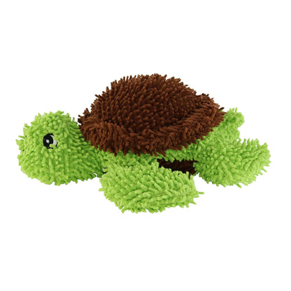 A side view of the green plush turtle dog toy, highlighting its brown shell and fuzzy microfiber surface.