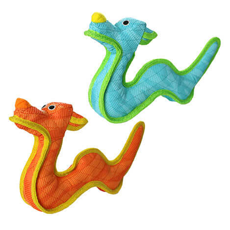 wo colorful, snake-like dragon-shaped dog toys with bright, contrasting colors. One is primarily orange with green and yellow accents, and the other is blue with green and yellow accents. Both toys feature embroidered eyes and snouts, with sturdy, textured material designed for durability.