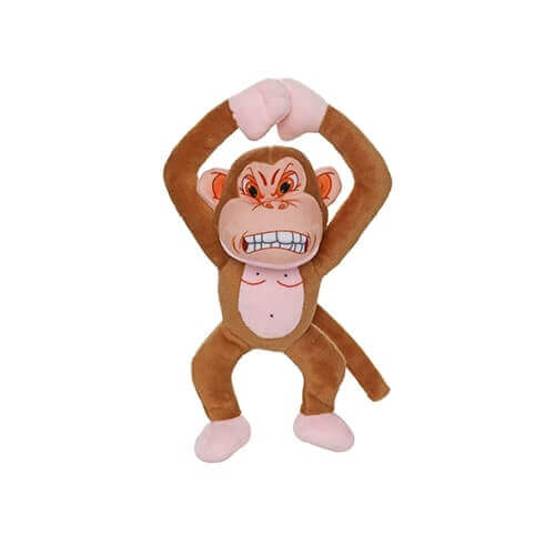 Plush monkey-shaped dog toy with an angry expression, standing upright with arms raised above its head, viewed from the front