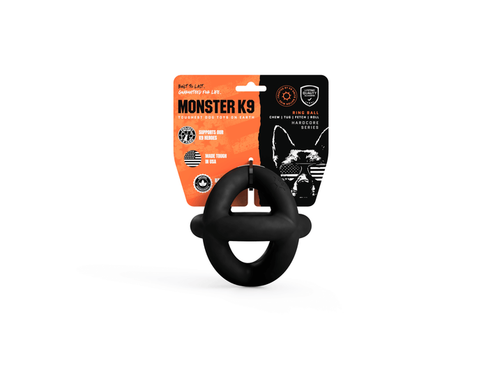 Black dog toy with Monster K9 packaging on a white background