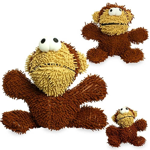 A collage of three different views of the brown monkey plush dog toy with googly eyes, highlighting its soft microfiber material and playful design.