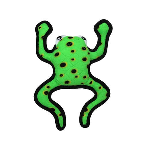 Front view of the green frog Tuffy dog toy, with raised arms and black spots on its bright green body.