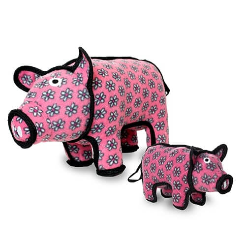 Two plush pig dog toys from Tuffy in different sizes, both with matching pink floral patterns.