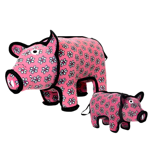 Two plush pig dog toys from Tuffy in different sizes, both with matching pink floral patterns.