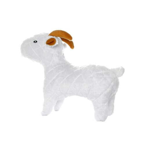 A smaller plush goat-shaped dog toy with a white body, brown horns, and embroidered eyes. Designed for durable play.