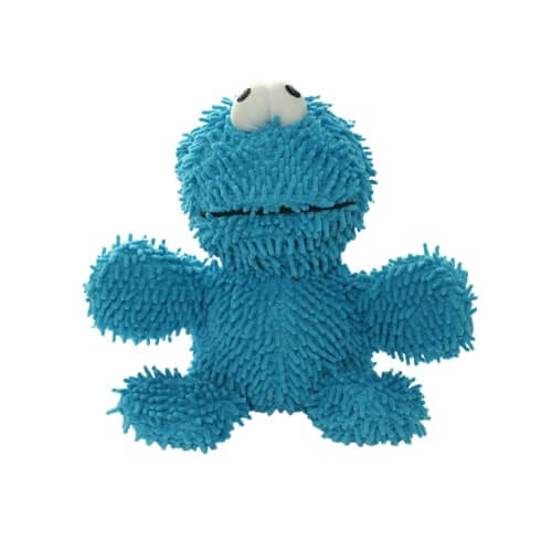 A bright blue, plush monster-shaped dog toy with a shaggy microfiber texture and large googly eyes.