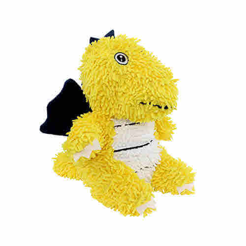 Yellow plush dragon-shaped dog toy with a textured body, white belly, black wings, and multiple squeakers, designed for interactive play. Machine washable and floats.