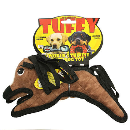 Packaging of the Tuffy pony dog toy, labeled as "World's Tuffest Dog Toy" with images of dogs on the label.