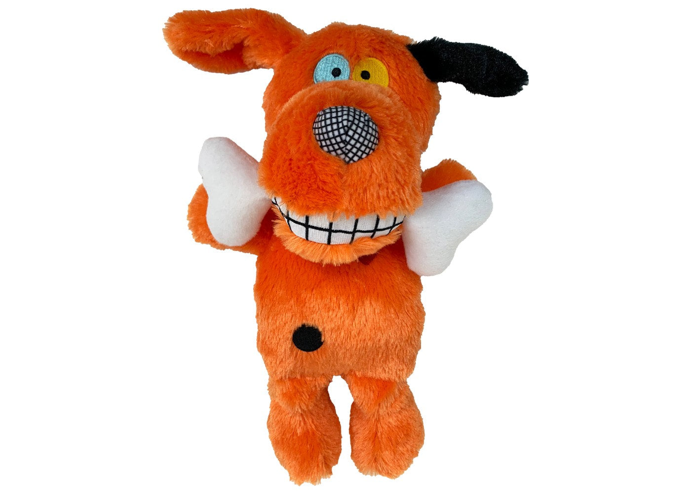 A bright orange plush dog toy with one black ear and one orange ear, large eyes with one blue and one yellow eye, a wide grin with visible teeth, and holding a white bone in its mouth. The toy has minimal stuffing, a black spot on its body, and appears to be designed for interactive play.