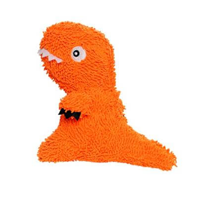 A side view of the orange plush dinosaur dog toy, highlighting its fluffy microfiber material and toothy grin.