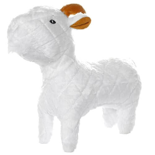 A plush goat-shaped dog toy with a white body, brown horns, and embroidered eyes. Designed for durable play.