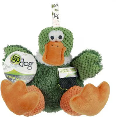 goDog Chew Guard duck plush dog toy with green textured fabric, reinforced seams, orange beak and feet, durable squeaky dog toy for interactive play.