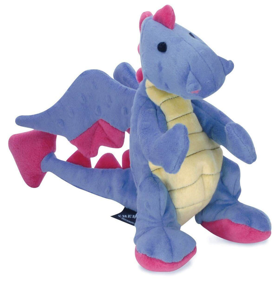 Plush dragon toy with blue body, pink feet and wings on a white background