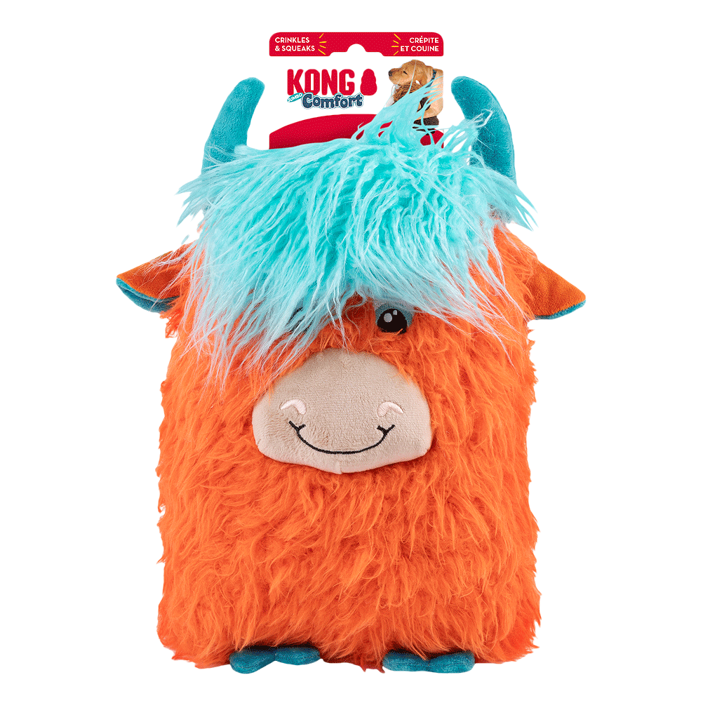 Orange plush toy with blue hair and horns on a white background, featuring KONG Comfort branding.