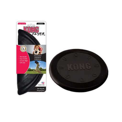 A black rubber KONG Flyer dog toy shown next to its retail packaging on a plain white background.