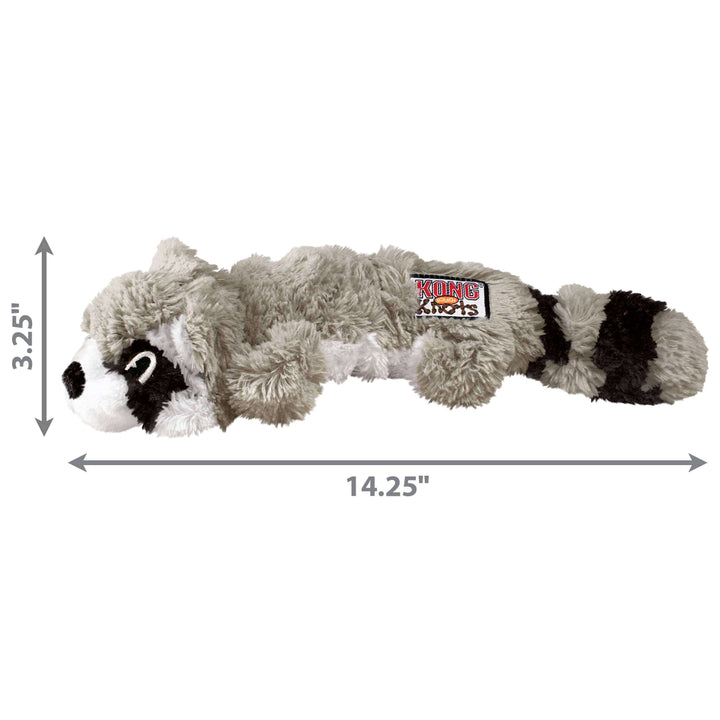 Dog toy shaped like a raccoon with dimensions on a white background