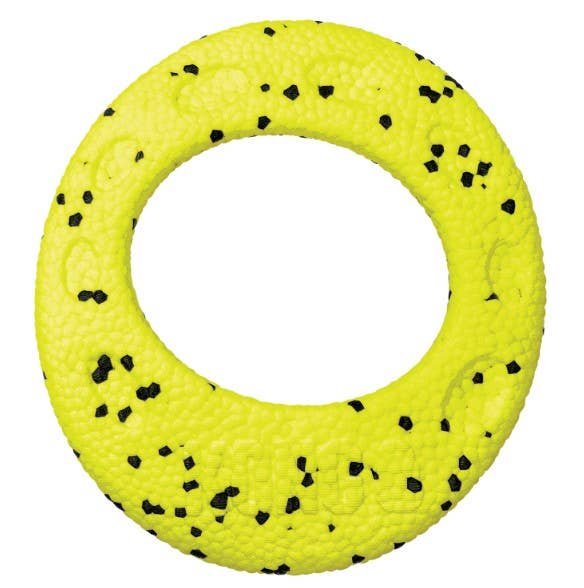Yellow rubber ring with black spots on a white background