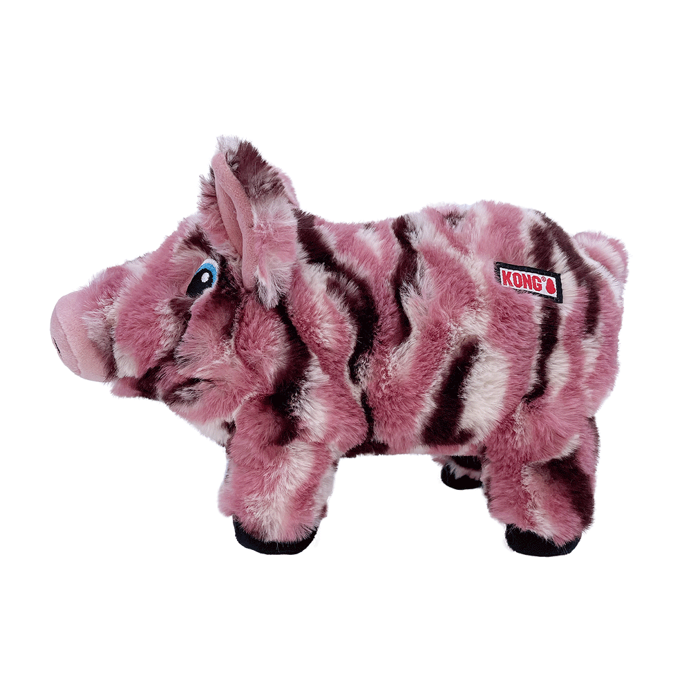Pink and black striped plush toy with KONG logo on a white background