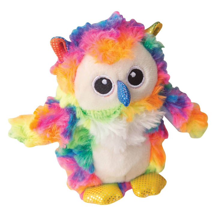 Colorful plush toy with a rainbow pattern on a white background